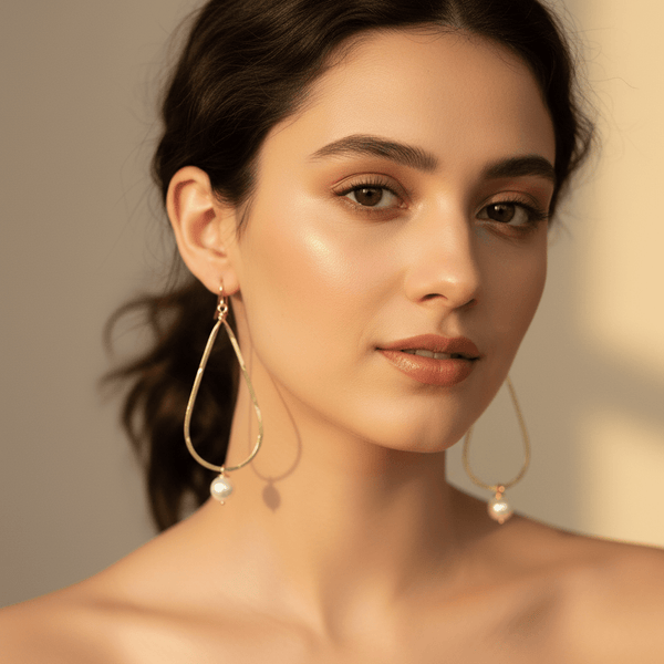 Hammered Long Teardrop Earrings with Pearl Drop - Leila Jewels
