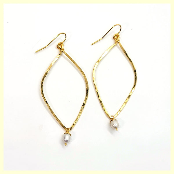 Hammered Long Open Diamond Earrings with Pearl Drop - Leila Jewels