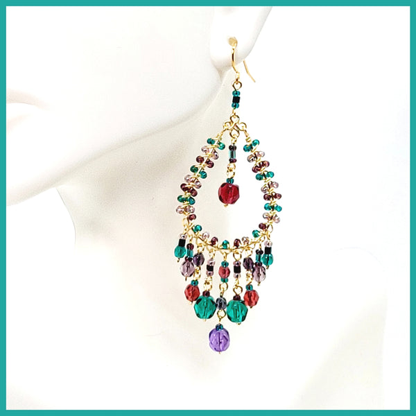 Handmade Beaded Chandelier Earrings - Clear Red Drop - Leila Jewels
