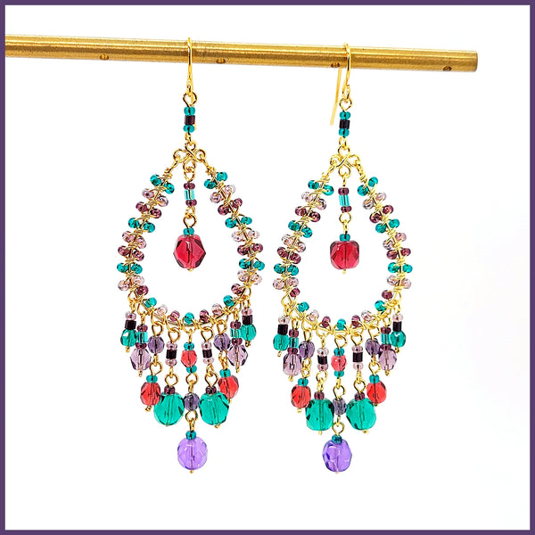 Handmade Beaded Chandelier Earrings - Clear Red Drop - Leila Jewels