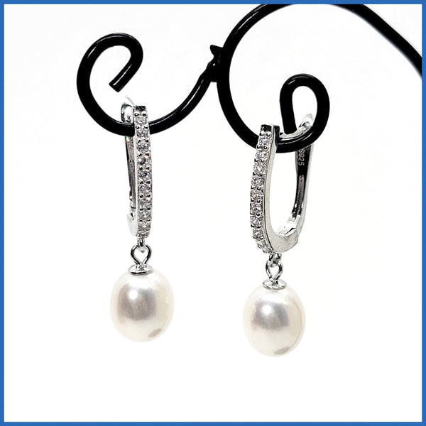 Sterling Pavé Huggies with Cultured Pearl Drop - Leila Jewels