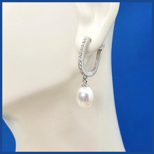Sterling Pavé Huggies with Cultured Pearl Drop - Leila Jewels