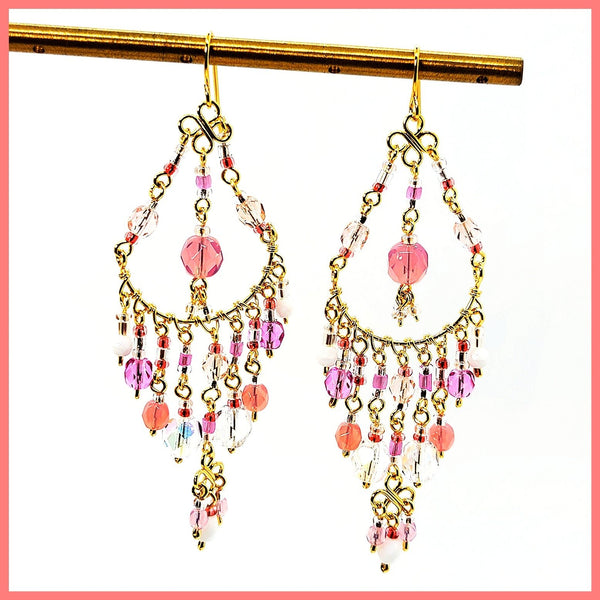 Handmade Beaded Chandelier Earrings - Pink Pastel - Leila Jewels