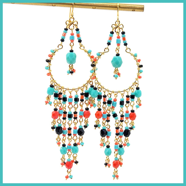Handmade Beaded Chandelier Earrings - Turquoise Drop - Leila Jewels
