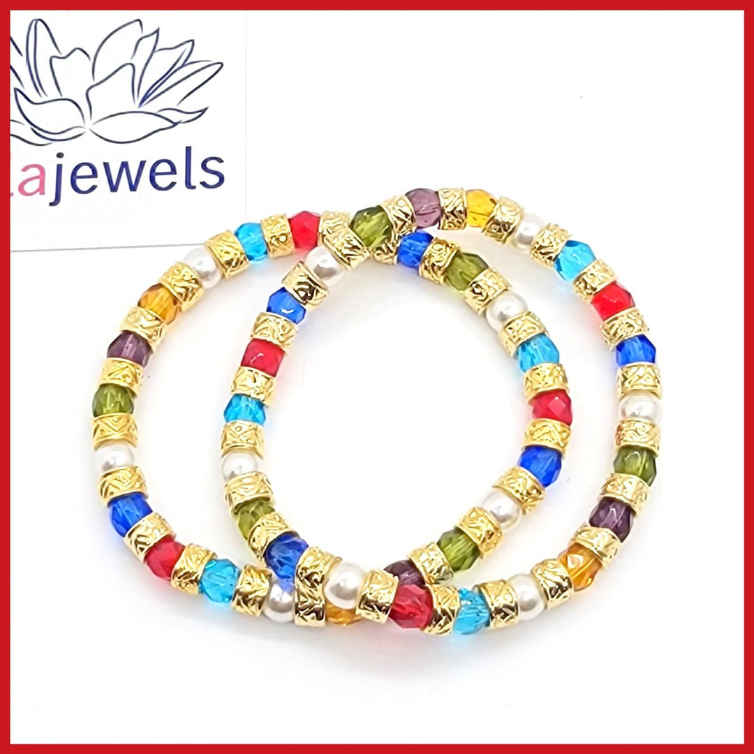 Multicolor and Gold Bead Murano Crystal and Pearls Bracelet - Leila Jewels