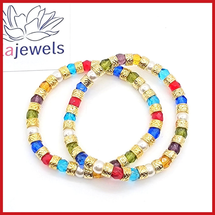 Multicolor and Gold Bead Murano Crystal and Pearls Bracelet - Leila Jewels