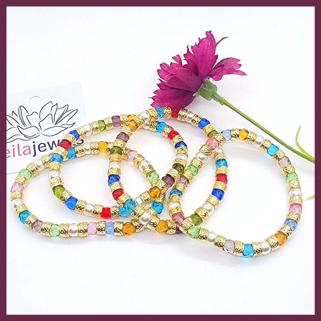 Multicolor and Gold Bead Murano Crystal and Pearls Bracelet - Leila Jewels