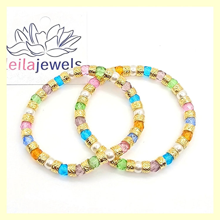 Multicolor and Gold Bead Murano Crystal and Pearls Bracelet - Leila Jewels