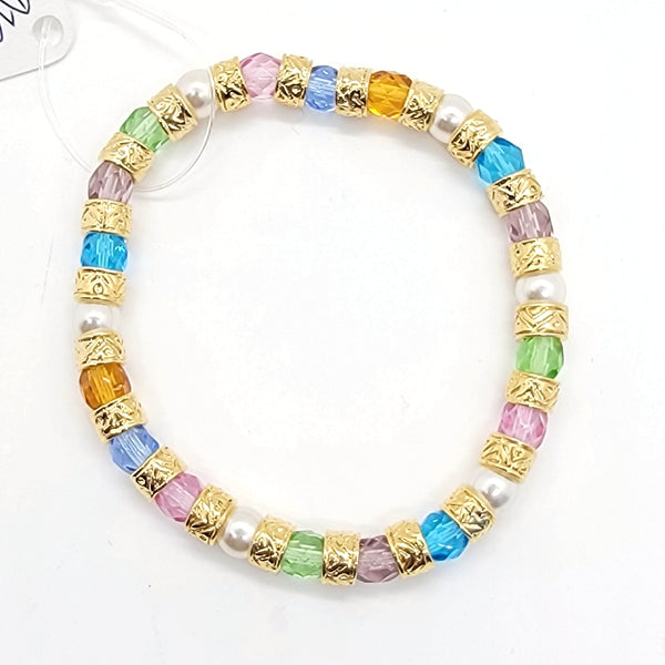 Multicolor and Gold Bead Murano Crystal and Pearls Bracelet - Leila Jewels