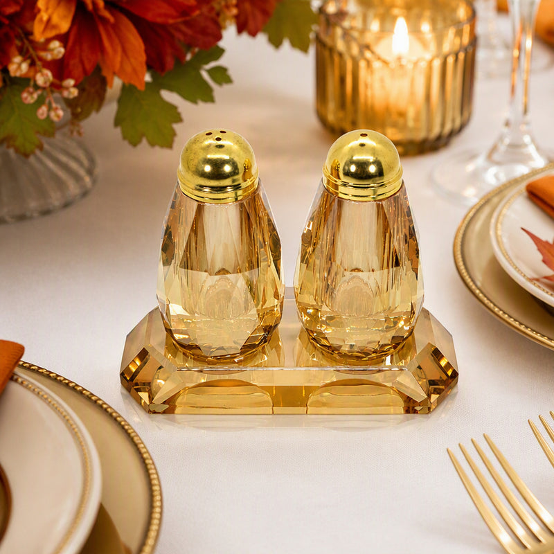 Amber Crystal Salt & Pepper Shaker Set with Tray, Gift Boxed