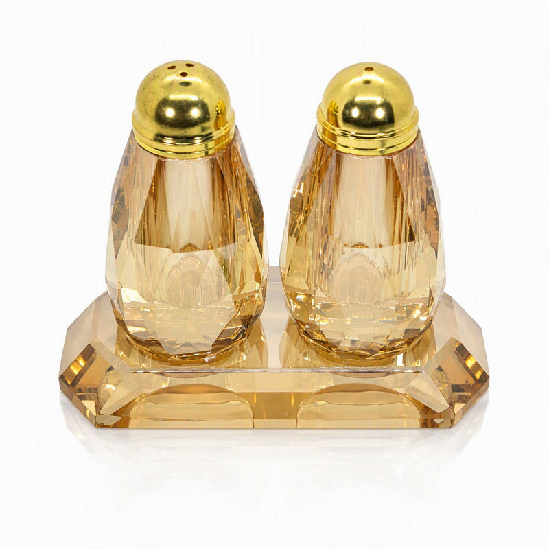 Amber Crystal Salt & Pepper Shaker Set with Tray, Gift Boxed