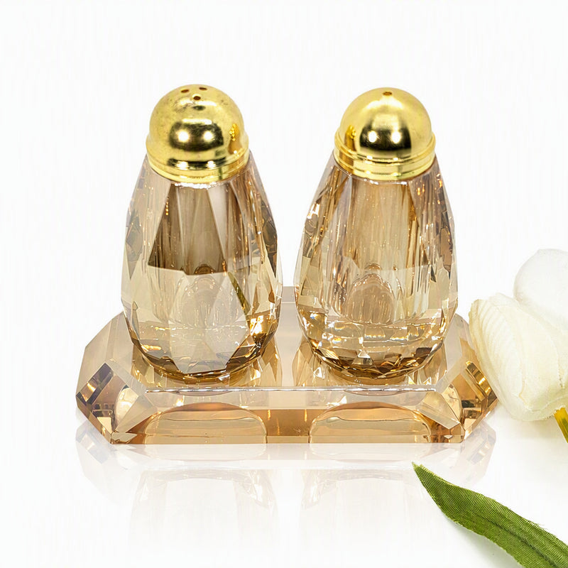 Amber Crystal Salt & Pepper Shaker Set with Tray, Gift Boxed
