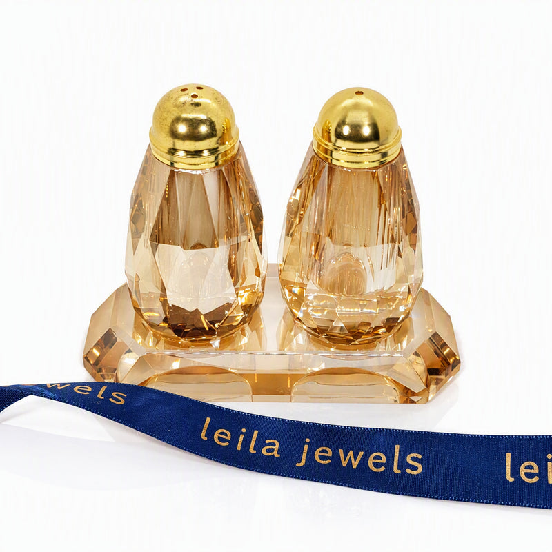 Amber Crystal Salt & Pepper Shaker Set with Tray, Gift Boxed