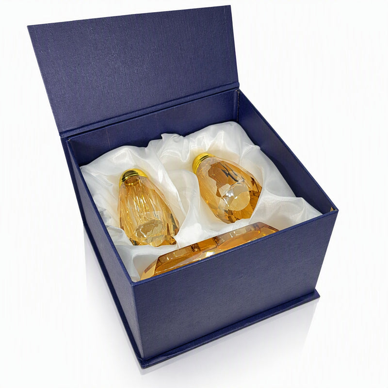 Amber Crystal Salt & Pepper Shaker Set with Tray, Gift Boxed