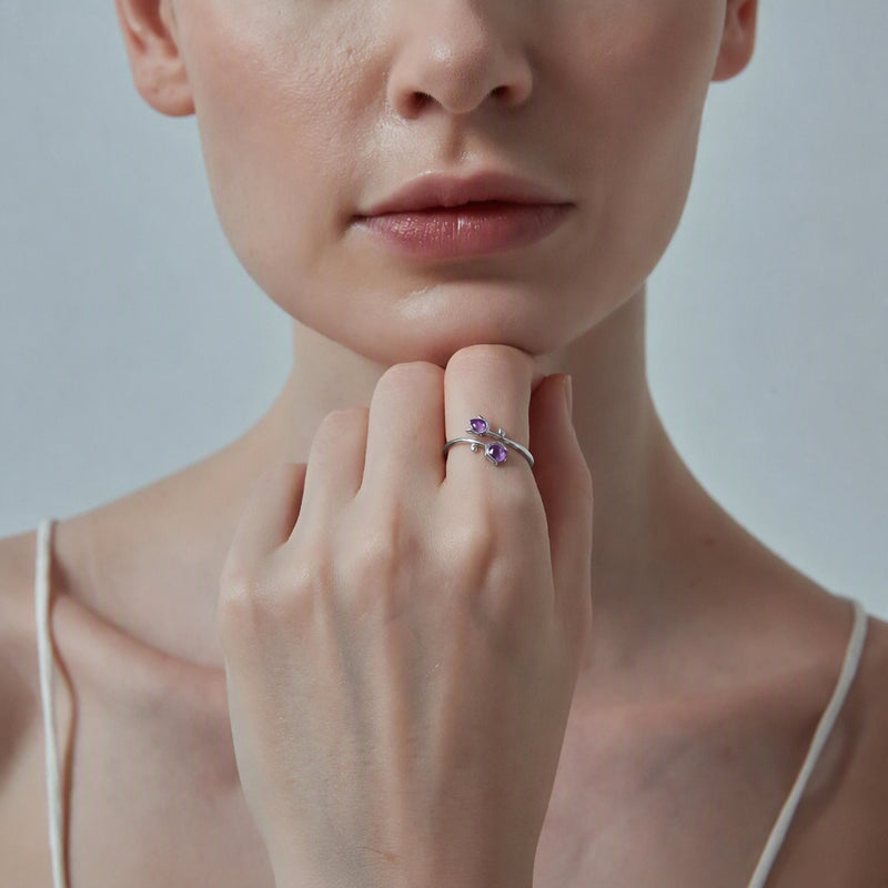 Dainty Amethyst Tulip Adjustable Sterling Silver Ring