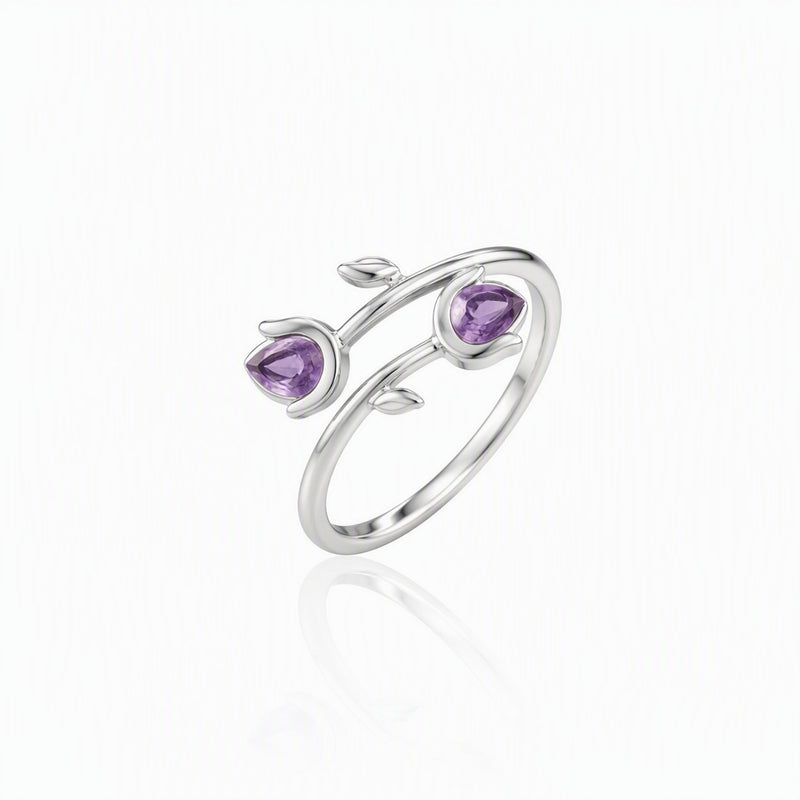 Dainty Amethyst Tulip Adjustable Sterling Silver Ring
