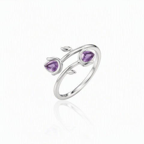 Dainty Amethyst Tulip Adjustable Sterling Silver Ring - Leila Jewels