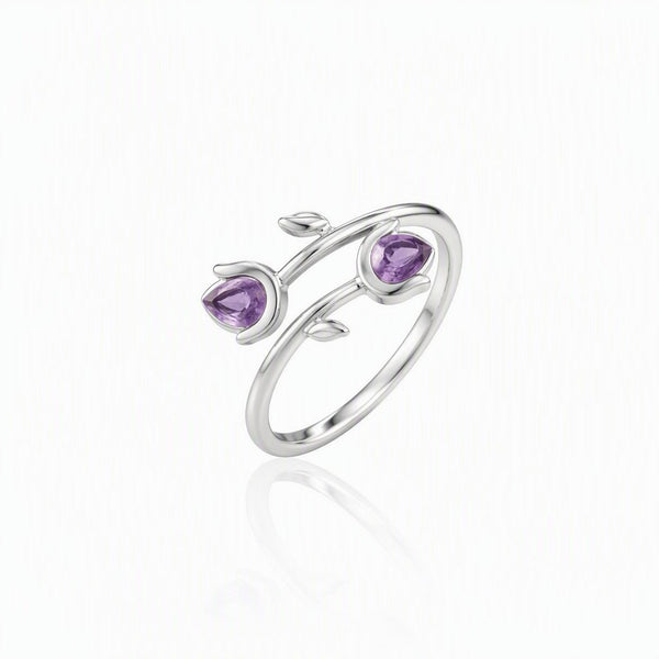 Dainty Amethyst Tulip Adjustable Sterling Silver Ring - Leila Jewels