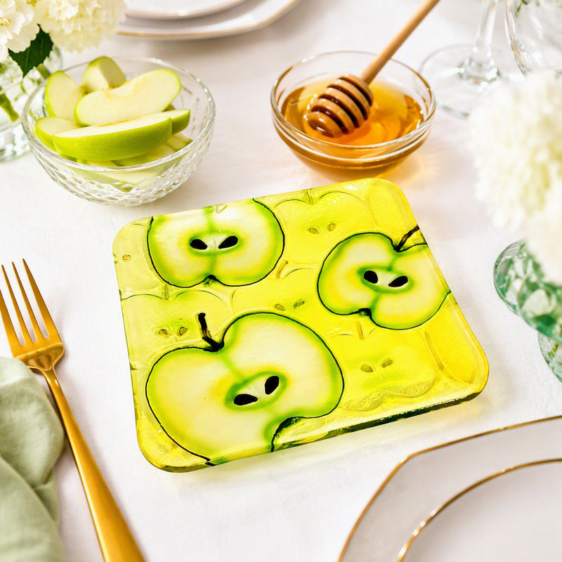 Green Apple Glass Plate– 8" Square Fused Glass Serving Plate with Curved Edges