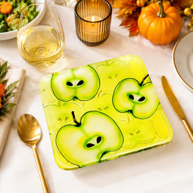 Green Apple Glass Plate– 8" Square Fused Glass Serving Plate with Curved Edges