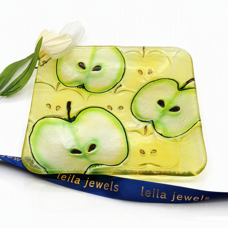Green Apple Glass Plate– 8" Square Fused Glass Serving Plate with Curved Edges