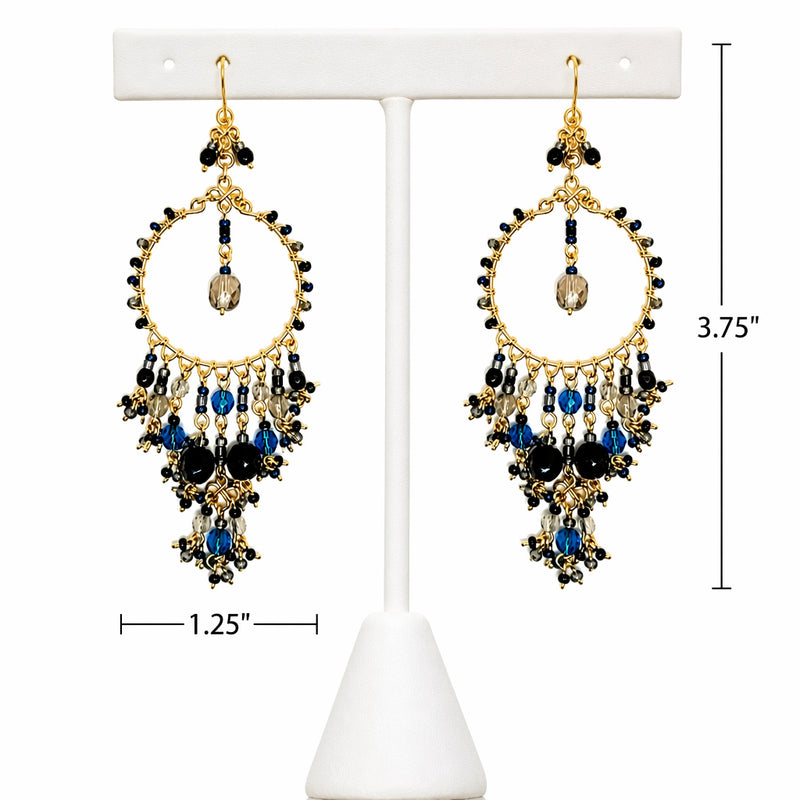 Handmade Beaded Chandelier Earrings - Blue, Black and Topaz Beads