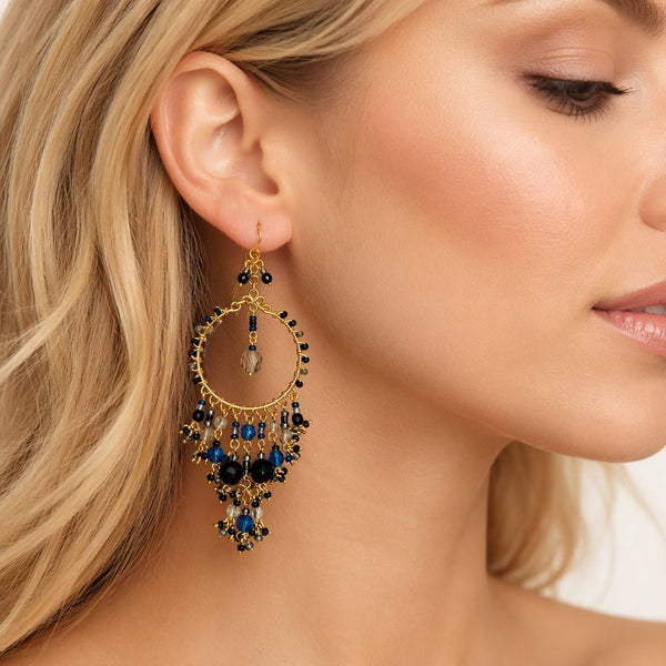 Handmade Beaded Chandelier Earrings - Blue, Black and Topaz Beads - Leila Jewels