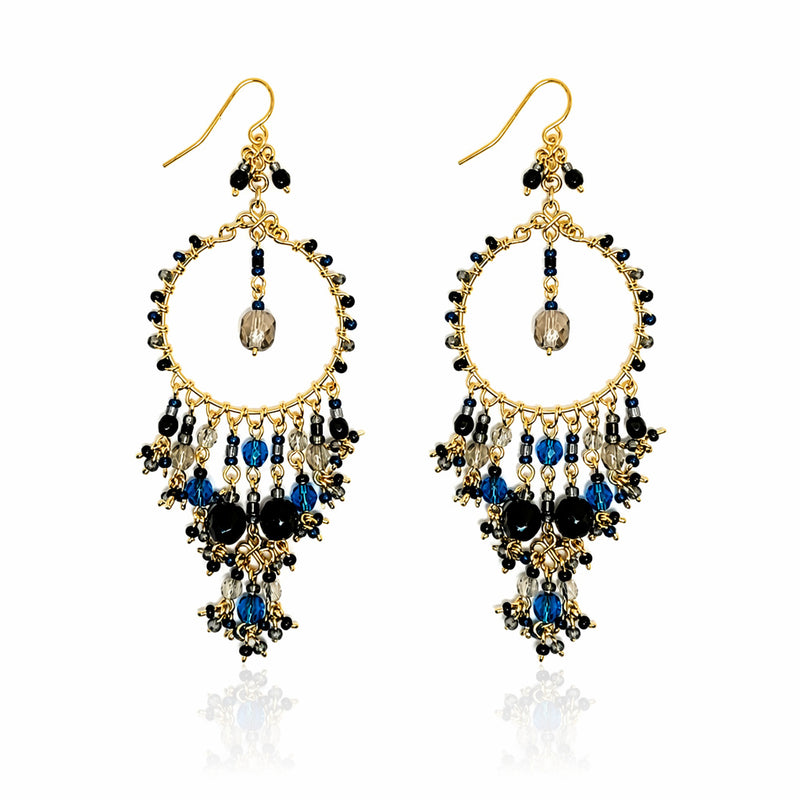 Handmade Beaded Chandelier Earrings - Blue, Black and Topaz Beads