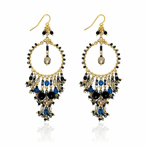 Handmade Beaded Chandelier Earrings - Blue, Black and Topaz Beads - Leila Jewels