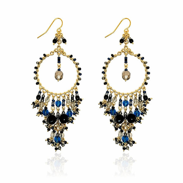 Handmade Beaded Chandelier Earrings - Blue, Black and Topaz Beads - Leila Jewels