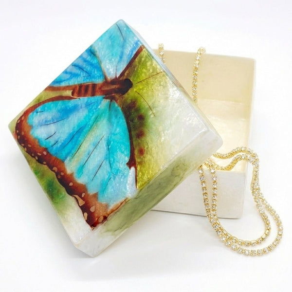 Aqua Butterfly Capiz Shell Painted Trinket Box - Leila Jewels