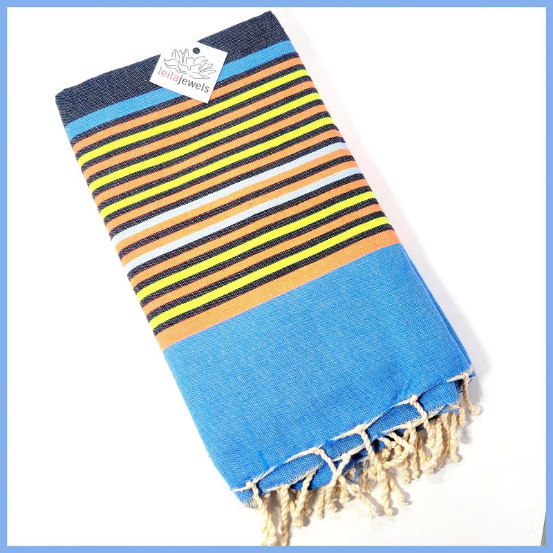 Turkish Towel / Sarong / Beach Towel - Blue Orange Stripe - Leila Jewels