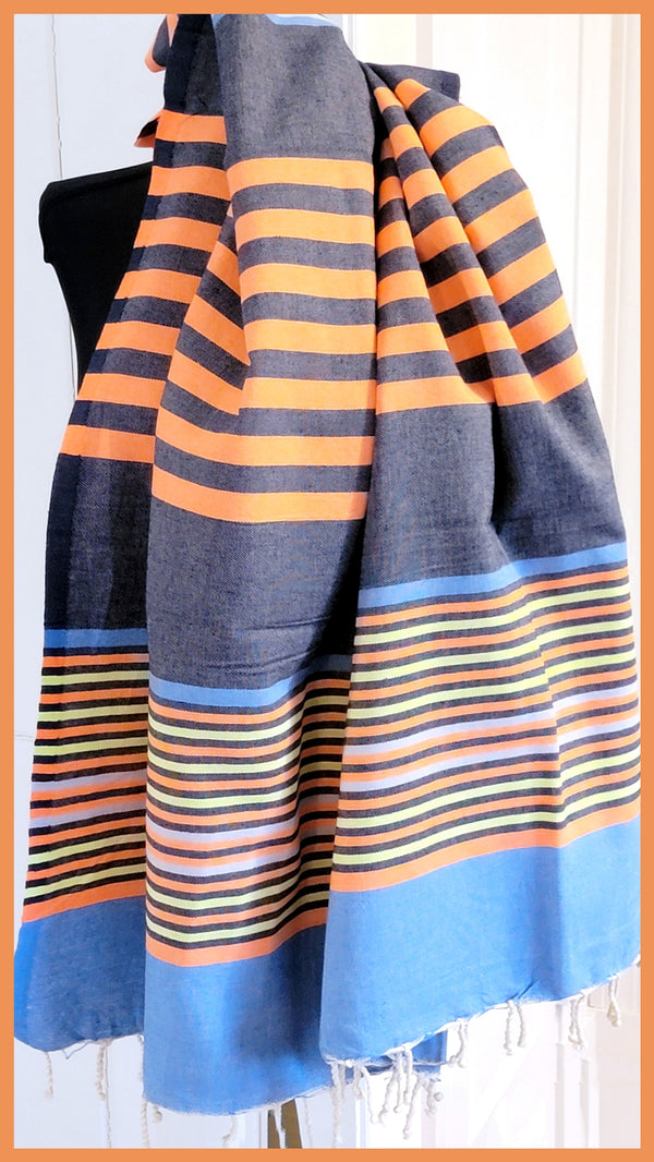 Turkish Towel / Sarong / Beach Towel - Blue Orange Stripe - Leila Jewels