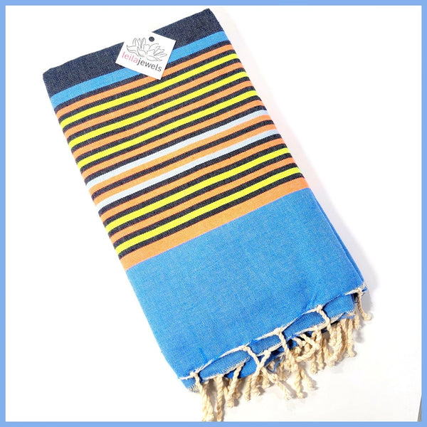 Turkish Towel / Sarong / Beach Towel - Blue Orange Stripe - Leila Jewels