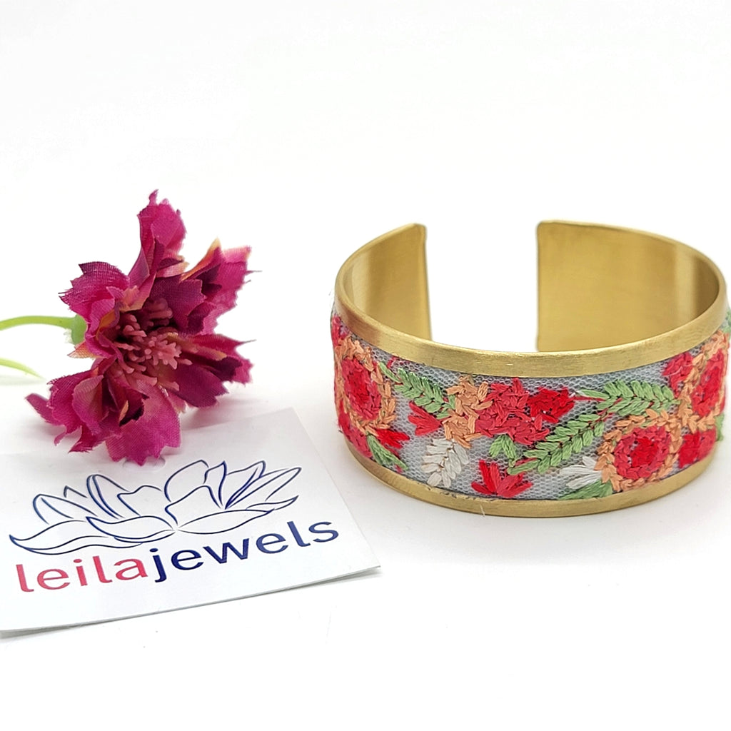 Cottage Floral Embroidered Cuff Bracelet - Leila Jewels