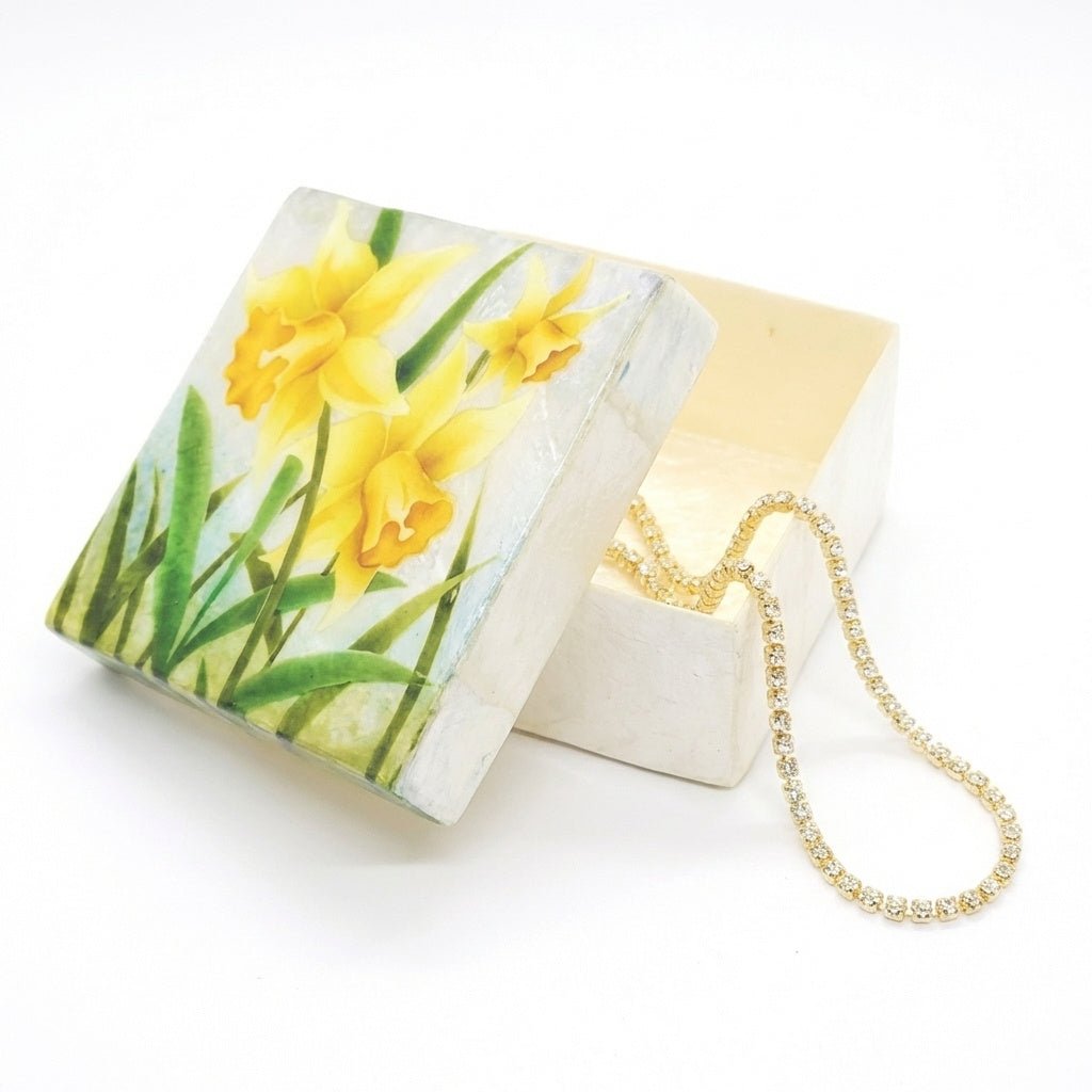 Yellow Daffodils Capiz Shell Painted Trinket Box - Leila Jewels