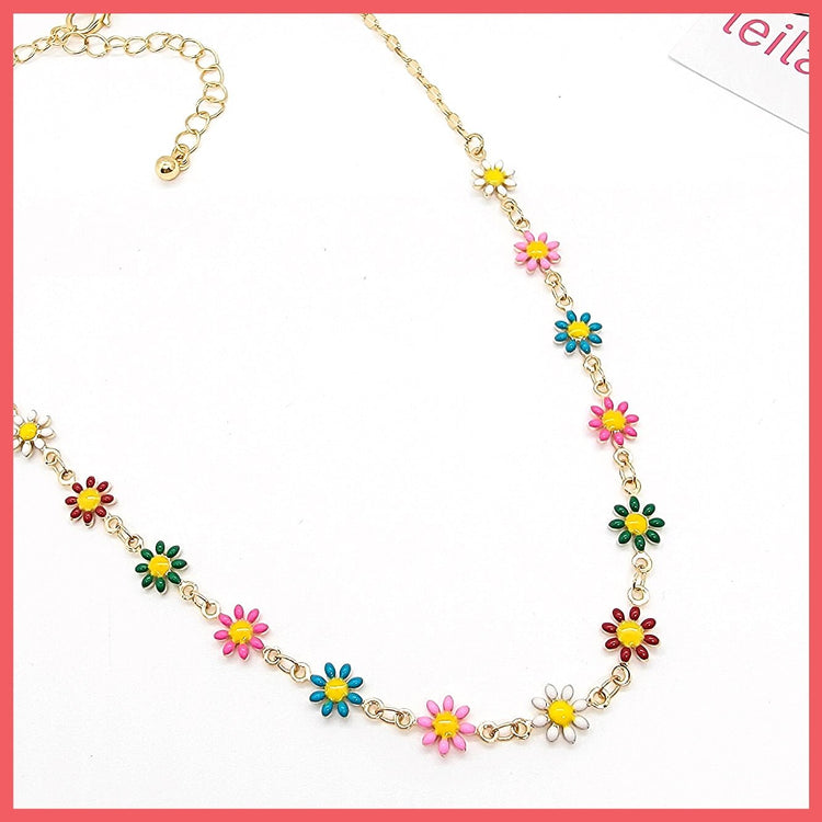 Enamel Daisy Flowers Necklace - Leila Jewels