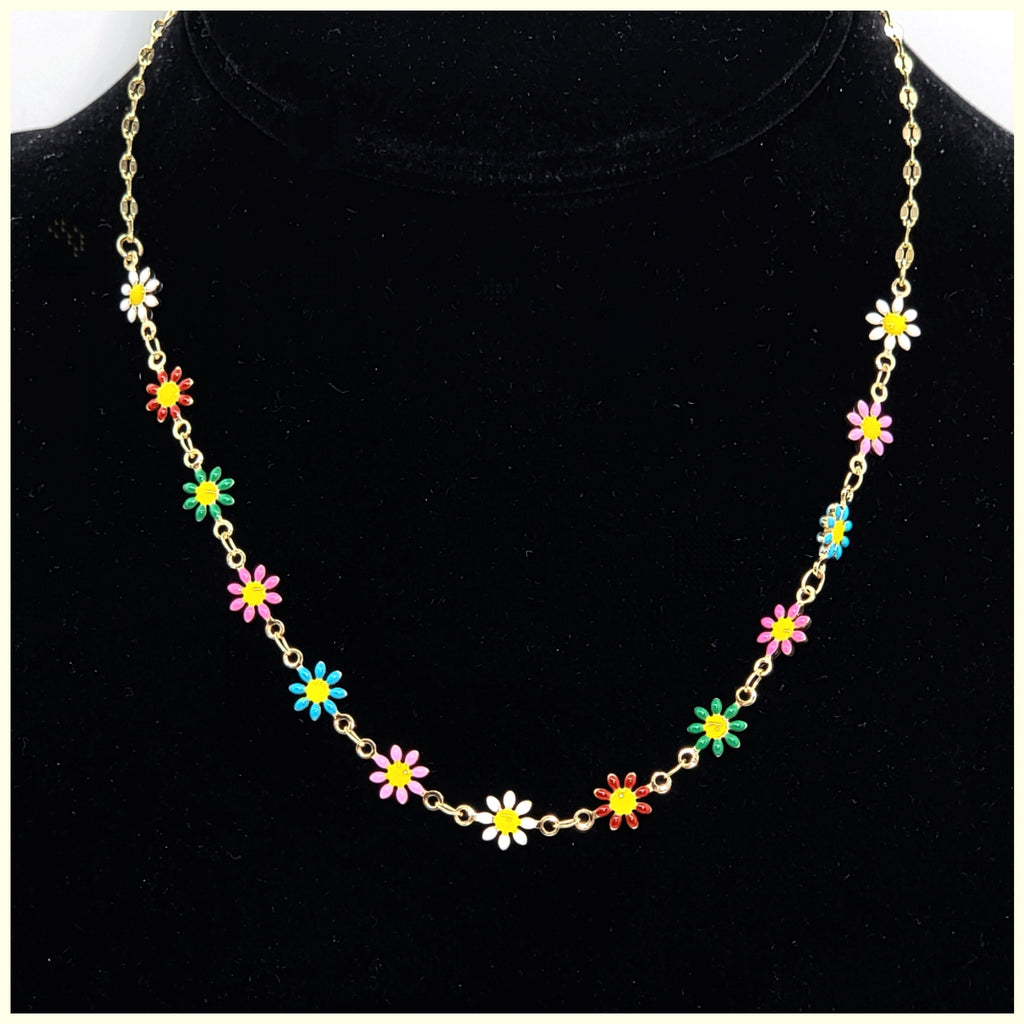 Enamel Daisy Flowers Necklace - Leila Jewels