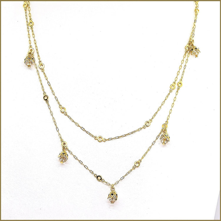 Double Chain Necklace with Crystal Drops - Leila Jewels