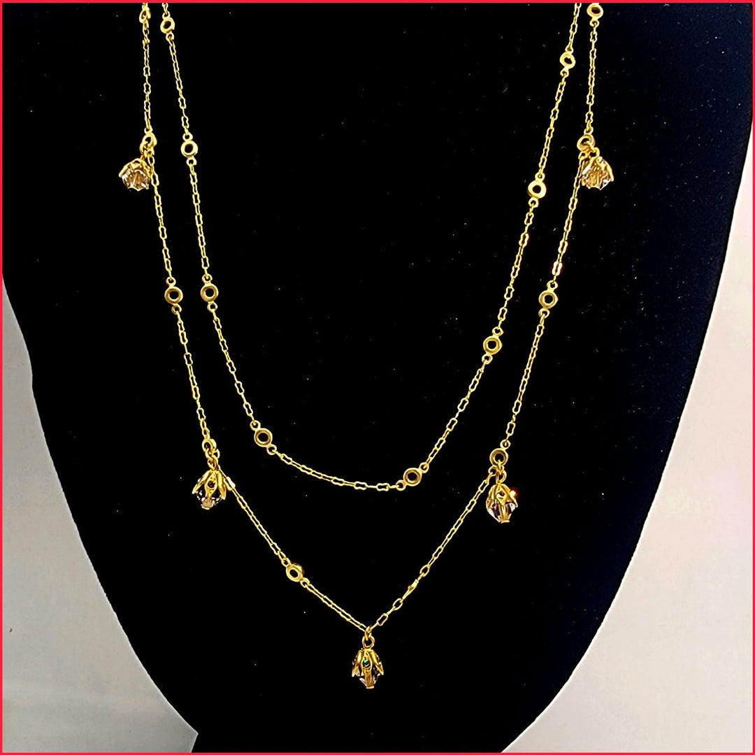 Double Chain Necklace with Crystal Drops - Leila Jewels