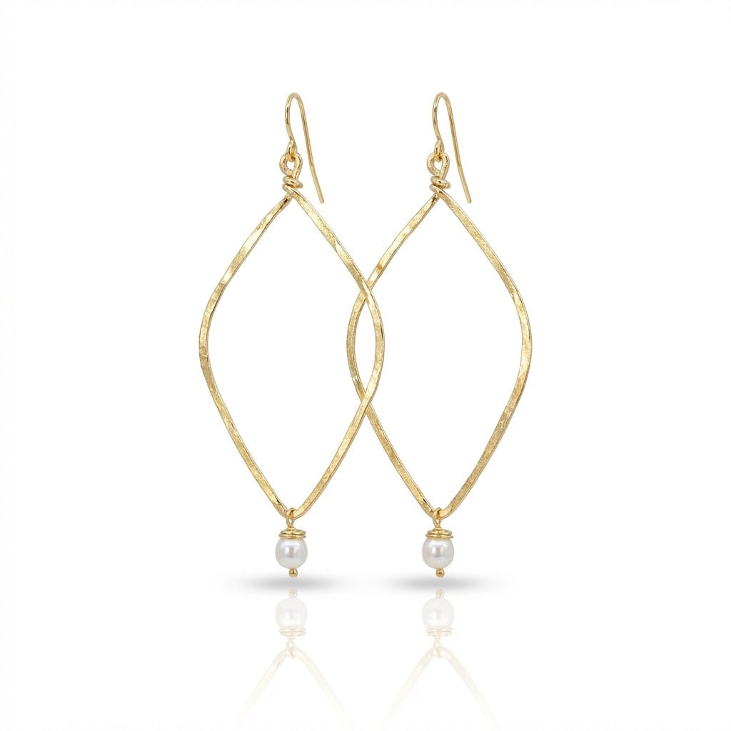 Hammered Long Open Diamond Earrings with Pearl Drop - Leila Jewels