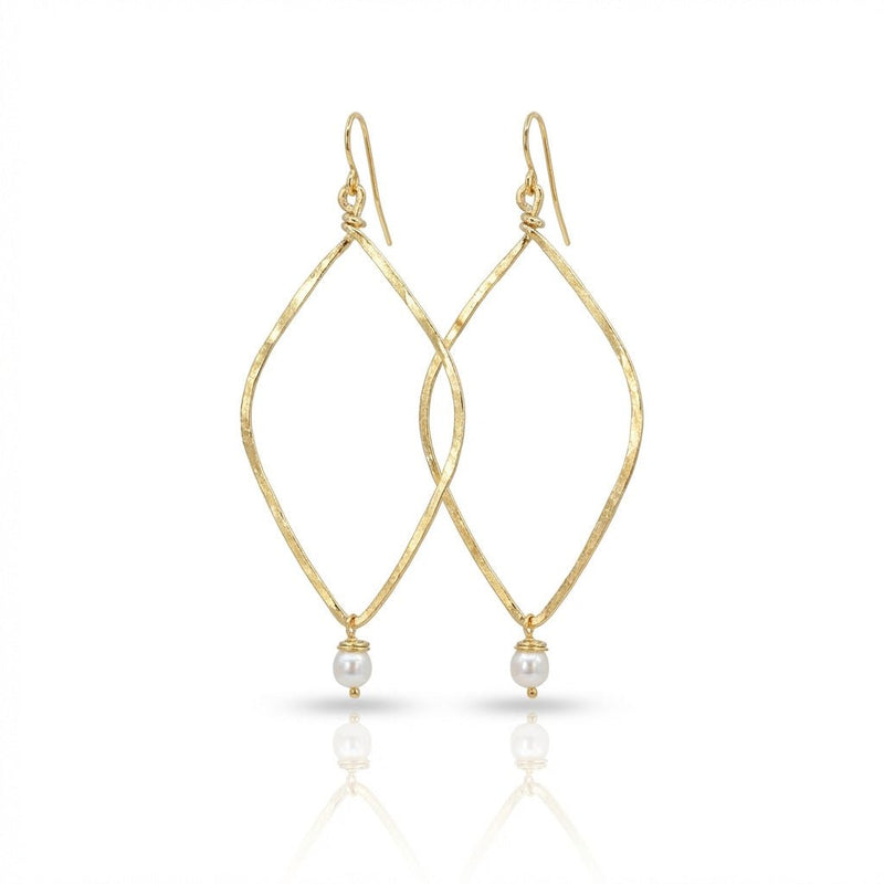 Hammered Long Open Diamond Earrings with Pearl Drop - Leila Jewels