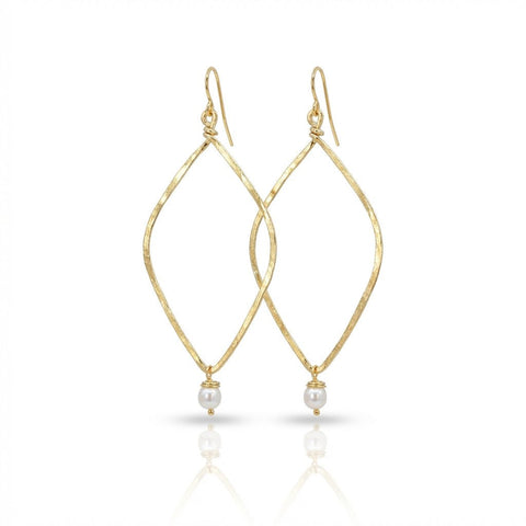 Hammered Long Open Diamond Earrings with Pearl Drop - Leila Jewels