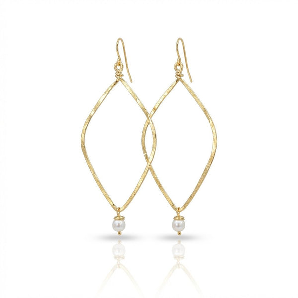 Hammered Long Open Diamond Earrings with Pearl Drop - Leila Jewels