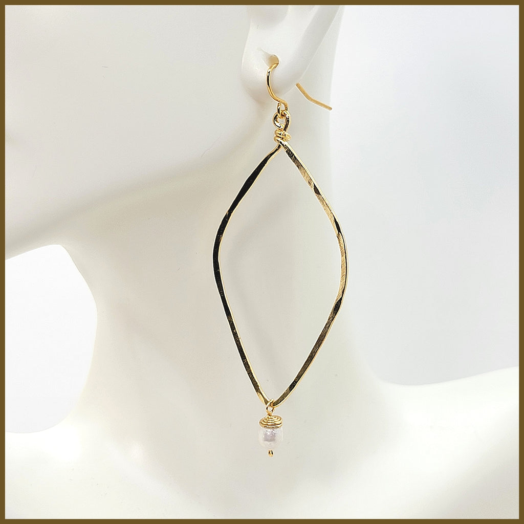 Hammered Long Open Diamond Earrings with Pearl Drop - Leila Jewels