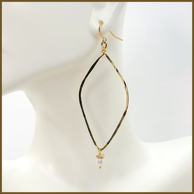 Hammered Long Open Diamond Earrings with Pearl Drop - Leila Jewels