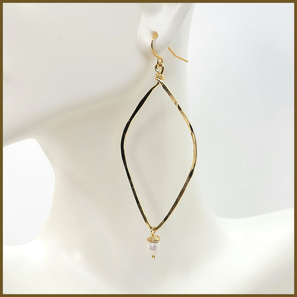Hammered Long Open Diamond Earrings with Pearl Drop - Leila Jewels