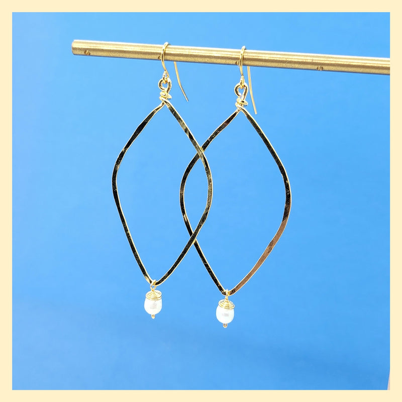 Hammered Long Open Diamond Earrings with Pearl Drop - Leila Jewels