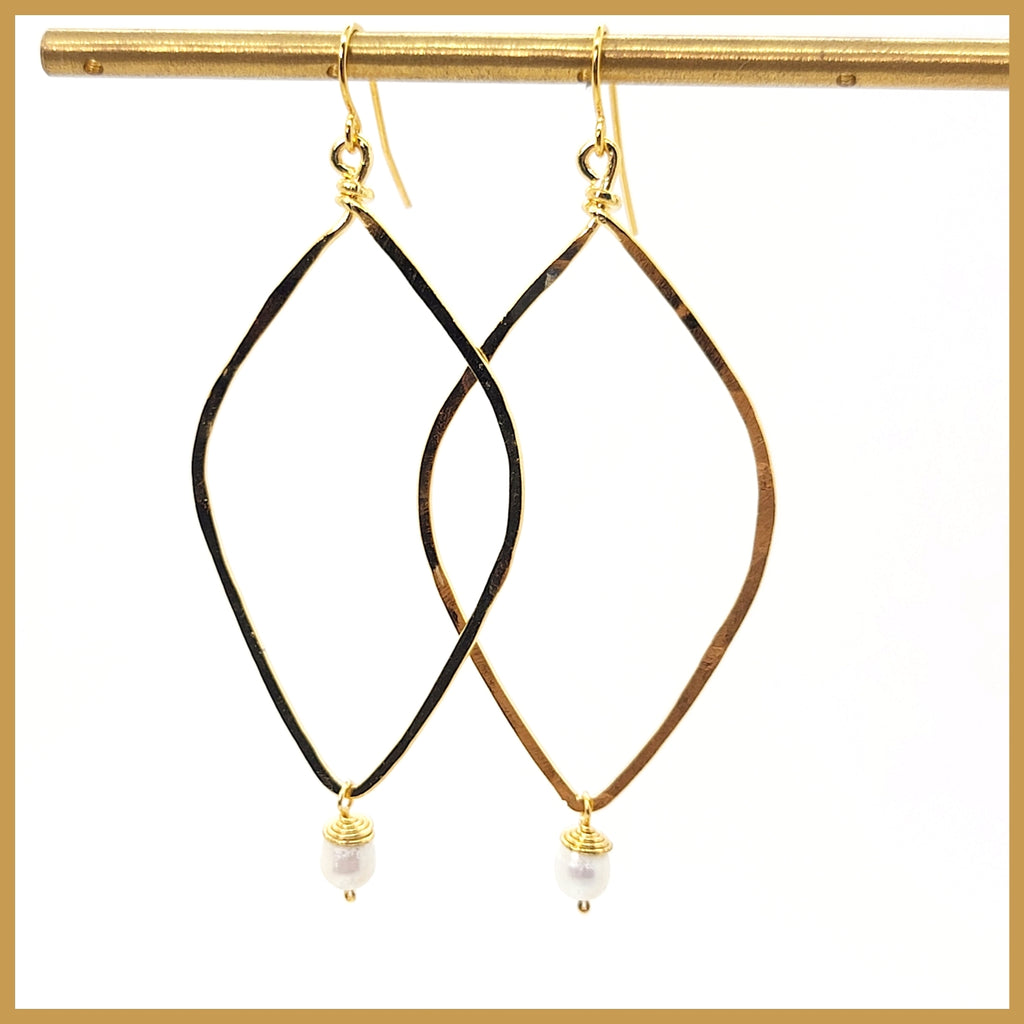 Hammered Long Open Diamond Earrings with Pearl Drop - Leila Jewels