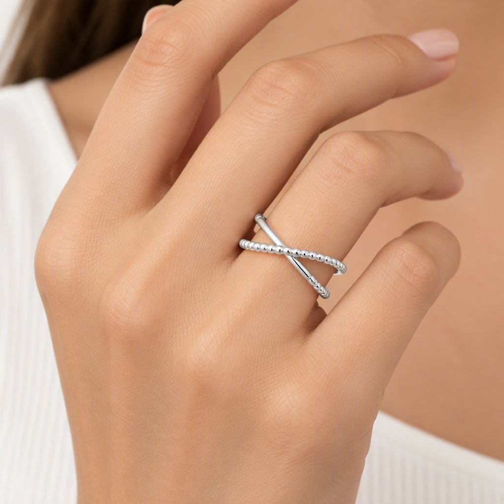 Sterling Silver Dual Row "X" Crossover Adjustable Ring - Leila Jewels